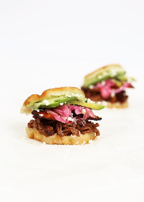 Arepas with Shredded Lamb Shoulder, Sofrito and Herb Oil for BB&T
